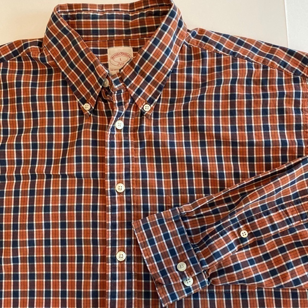 Brooks brothers men’s long sleeve shirt 346 size large rust blue check